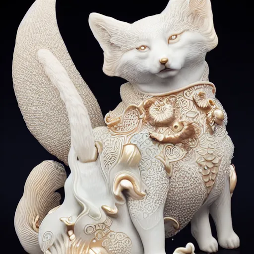 Prompt: a photo - real delicate ceramic porcelain sculpture of an ornate detailed kitsune in front of a intricate background by victo ngai and takato yamamoto, micro detail, backlit lighting, subsurface scattering, translucent, thin porcelain, octane renderer, colorful, physically based rendering, japanese pottery, trending on cgsociety