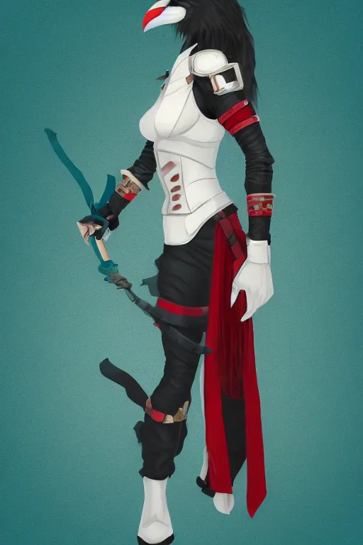 Image similar to female adventurer in tight full - body teal leather armor of japanese design with red accents and a white porcelain crow mask, trending in artstation, japanese, establishing shot