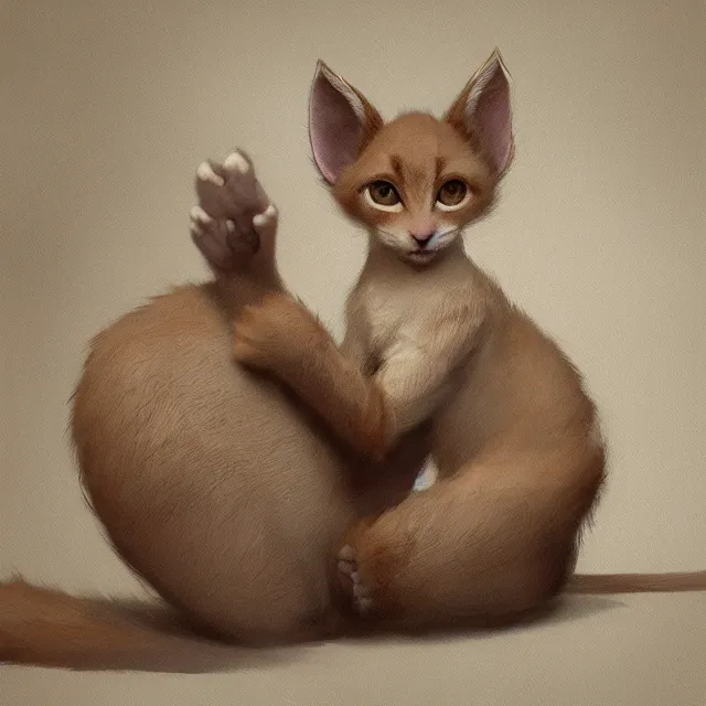 Image similar to a painting of a cute light beige kitten with brown ears and brown face and brown legs and brown tail. white paws. big eyes. character design by cory loftis, fenghua zhong, ryohei hase, ismail inceoglu and ruan jia. volumetric light, detailed, rendered in octane