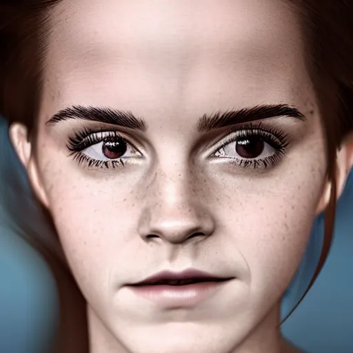 Image similar to full shot photograph portrait of a woman as Emma Watson as Dva from Overwatch, elegant, 70mm lens, outdoors lighting, nature background, symmetric circular iris, detailed moisture, detailed droplets, detailed intricate hair strands, DSLR, ray tracing reflections, symmetrical face and body, gottfried helnwein and Irakli Nadar, eye reflections, focused, unreal engine 5, vfx, post processing, post production, single face