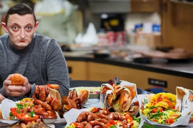 Image similar to Tim Robinson dejectedly contemplating a hotdog bowl, it's like a burrito bowl but with little bits of chopped up hotdog in it, thousand yard stare