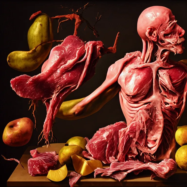 Prompt: still life of beautiful angel, human body parts, tropical fruit, human spine, rotten meat flesh with colorful mold, muscle tissue, spikes, baroque painting, beautiful detailed intricate insanely detailed octane render, 8K artistic photography, photorealistic, chiaroscuro, Raphael, Caravaggio