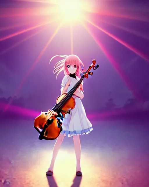 Image similar to anime style, creative, full body, a cute girl with white skin and long pink wavy hair holding a violin and playing a song, heavenly, stunning, realistic light and shadow effects, happy, centered, landscape shot, happy, simple background, studio ghibly makoto shinkai yuji yamaguchi