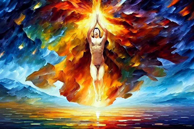 Image similar to a god giving birth to a new universe and then dissolving itself into it, in the style of wlop!! and leonid afremov, illustration, epic, fantasy, hyper detailed, smooth, unreal engine, sharp focus, ray tracing