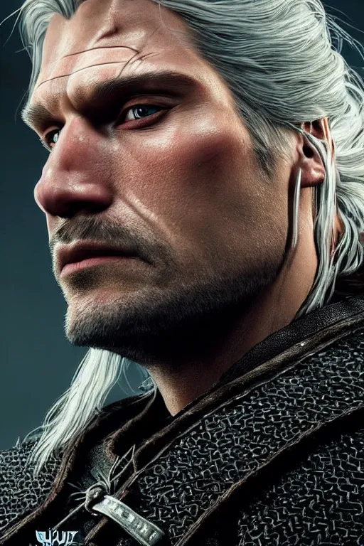 Prompt: the witcher, nikolaj coster - waldau face!!!, masterpiece portrait, white hair, highly detailed face, ultra realistic, concept art, intricate details, highly detailed, photorealistic, octane render, 8 k, unreal engine. horror film still, heavy grain, 3 5 mm, art by artgerm and greg rutkowski and alphonse mucha