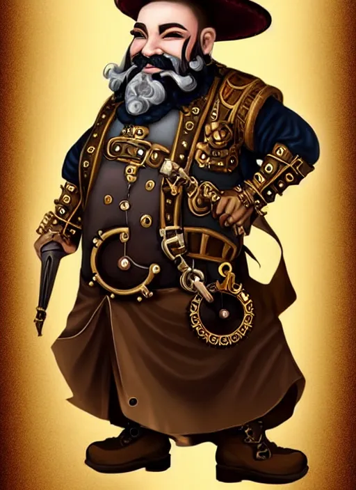 Image similar to Steampunk dwarf with a beard female glamor bard speaker of a small town and fashionable female in high-end Oscar de la Renta