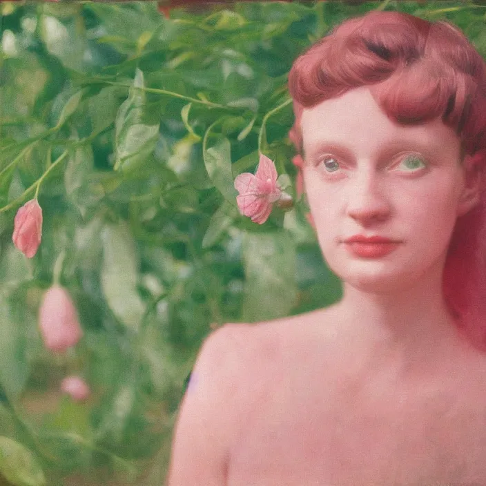 Image similar to closeup portrait of a woman wrapped in pink cellophane, standing in an overgrown greenhouse, color photograph, by edward hopper, canon eos c 3 0 0, ƒ 1. 8, 3 5 mm, 8 k, medium - format print