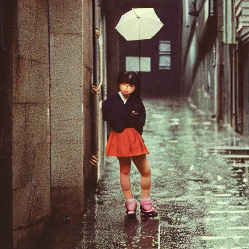 Prompt: 1990s perfect 8K HD professional cinematic photo of close-up japanese schoolgirl posing in sci-fi dystopian alleyway at morning during rain, at instagram, Behance, Adobe Lightroom, with instagram filters, depth of field, taken with polaroid kodak portra