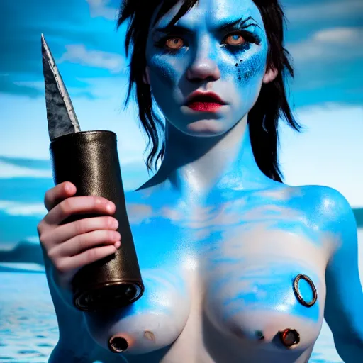 Prompt: a dnd Triton girl with blue skin and messy black hair drinking from a leather wine flask, a little blue-skinned girl with messy black hair sharp pointed ears freckles along the ridges of her cheeks, dnd triton, high resolution film still, 4k, HDR colors