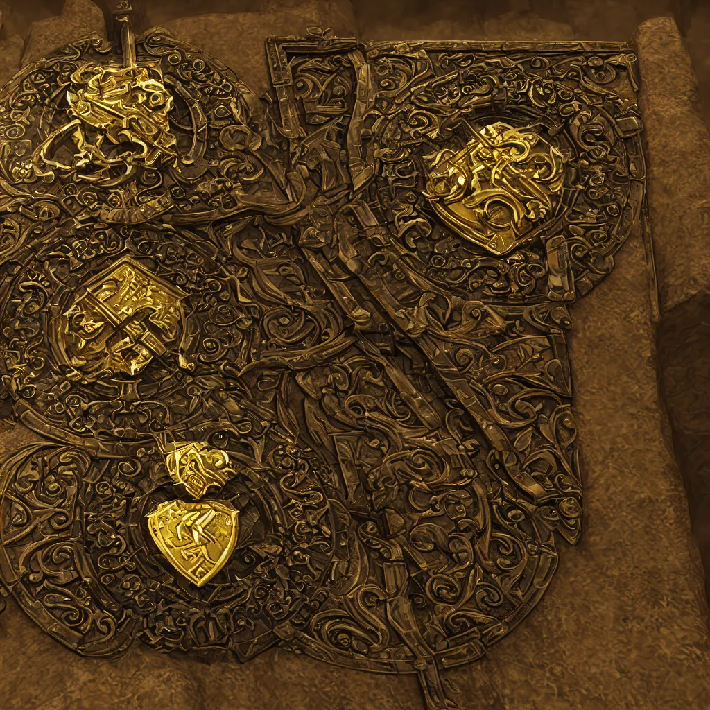 Image similar to symbol of a thieves guild on a secret door, embossed in gold, realistic, trending on artstation, unreal engine