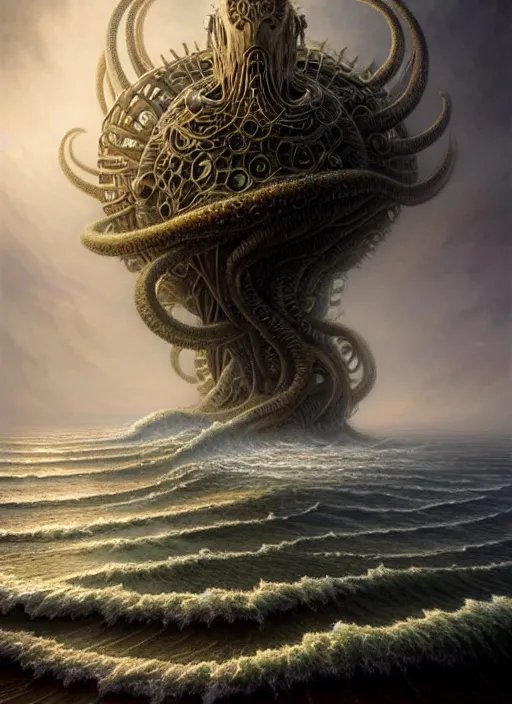 Image similar to cthulu emerging from ocean, a scenic dystopian environment, lovecraftian, intricate, elegant, highly detailed, centered, digital painting, artstation, concept art, smooth, sharp focus, illustration, artgerm, tomasz alen kopera, peter mohrbacher, donato giancola, joseph christian leyendecker, wlop, boris vallejo