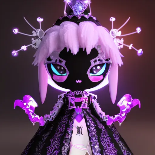 Prompt: cute fumo plush of a elaborately dressed gothic punk princess in black and purple regalia, crown, outline glow lens flare, vray