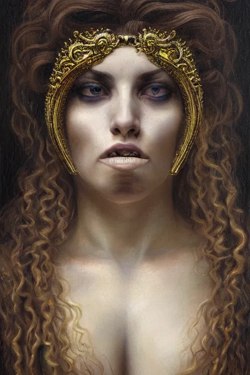 Prompt: hyper realistic painting portrait of madness queen, occult diagram, elaborate details, detailed face, intrincate ornaments, gold decoration, occult art, oil painting, art noveau, in the style of roberto ferri, gustav moreau, jean delville, bussiere, andrew gonzalez