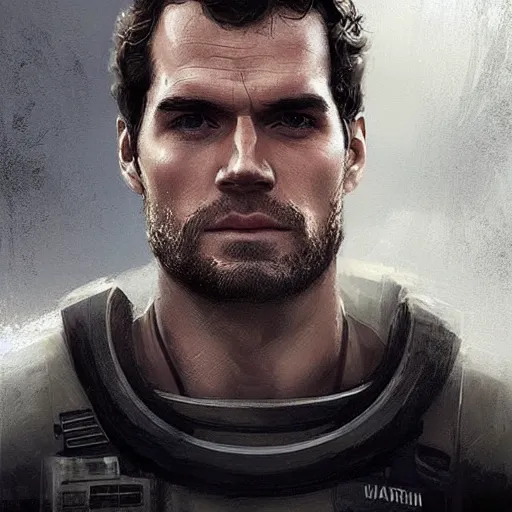 Image similar to “Portrait of Henry Cavill by Greg Rutkowski, he is about 20 years old, norwegian, short blond hair, young, manly, attractive, strong, older brother vibes, he is wearing futuristic military fatigues, highly detailed portrait, scifi, digital painting, artstation, concept art, smooth, sharp foccus ilustration, Artstation HQ”