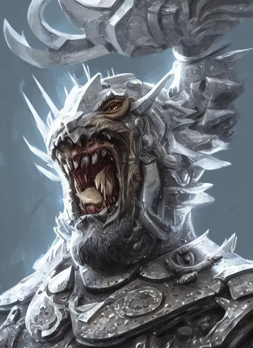 Prompt: a highly detailed illustration of furious rough bearded paladin wearing worn down silver armor, standing heroically gritting teeth battle pose, intricate, elegant, highly detailed, centered, digital painting, artstation, concept art, smooth, sharp focus, league of legends concept art, WLOP