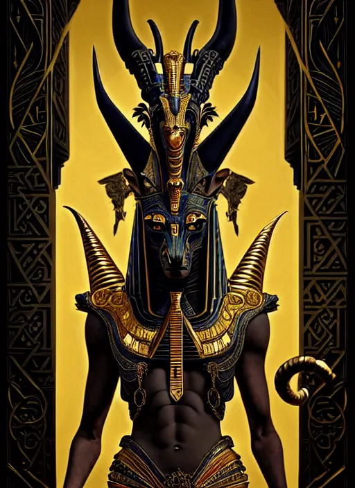 Image similar to angry god anubis, snarling jackal with egyptian pharaoh headdress and nemes, ornate art nouveau detail, black and gold palette, fantasy, intricate, elegant, highly detailed, colorful, dark colors, dramatic shadow, digital painting, artstation, concept art, art by artgerm and greg rutkowski and ruan jia,