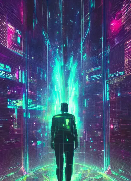 Image similar to one cyber godly person made of cosmic nebula galaxy energy watching a rainy colorful complex cyberpunk futuristic holographic city from behind at night through a window in a room, reflections, high contrast, 8 k, photorealistic, concept art, wet, highly detailed, cinematic mood by ridley scott, ghost in the shell, trending on artstation, glowing and epic