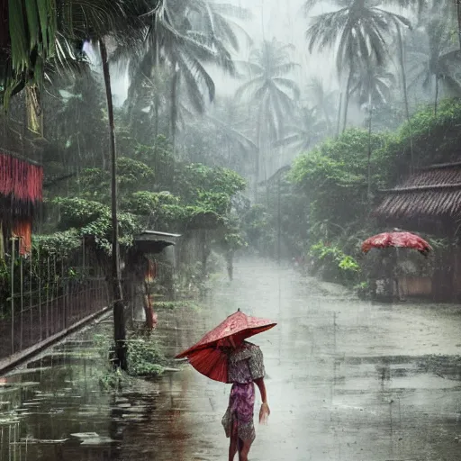 Image similar to monsoon on tropical island, oriental woman, ornate, beautiful, atmosphere, vibe, mist, coconuts, rain, wet, pristine, puddles, melting, dripping, snow, creek, lush, ice, bridge, forest, roses, flowers, by stanley artgerm lau, greg rutkowski, francis bacon