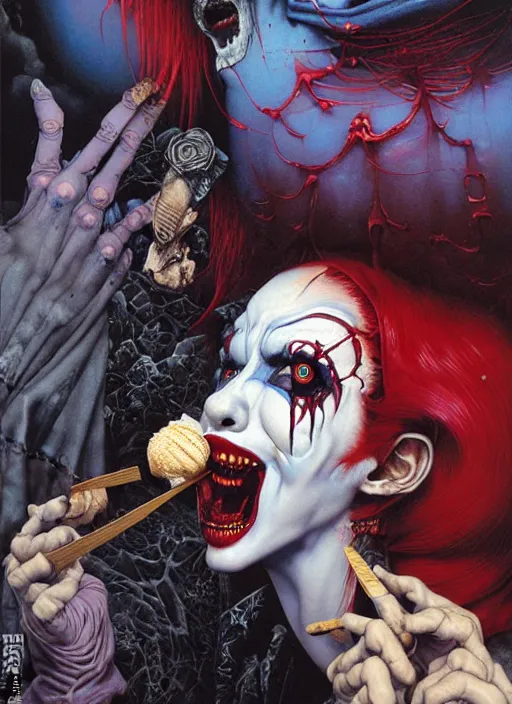 Prompt: figure of a psycho clown vampire eating ice-cream at suburbs area street by Ayami Kojima, Amano, Karol Bak, Greg Hildebrandt, and Mark Brooks, Neo-Gothic, gothic, rich deep colors. Beksinski painting, part by Adrian Ghenie and Gerhard Richter. art by Takato Yamamoto. masterpiece. realistic detailed image