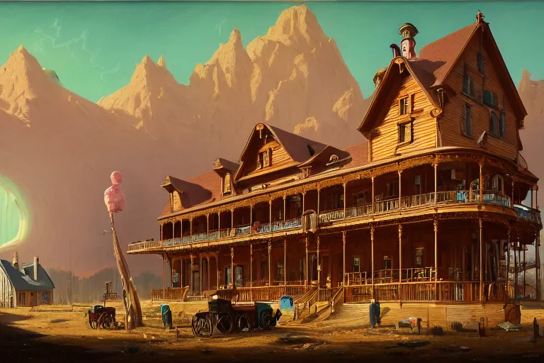 Prompt: 1 8 8 0 saloon, grandiose and wooden, by gerardo dottori and simon stalenhag, oil on canvas, trending on art station, masterpiece
