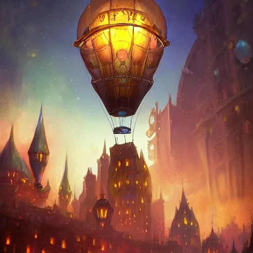 Prompt: a beautiful stunning fantasy whimsical matte digital illustration of a scene of a steampunk! hot - air balloon over a lit steampunk! city at night by marc simonetti, pastel color palette, disney magic the gathering steampunk!!!, chiaroscuro magical! bokeh moon stars dramatic romantic! epic breathtaking, clock tower,, trending on artstation hq, masterpiece