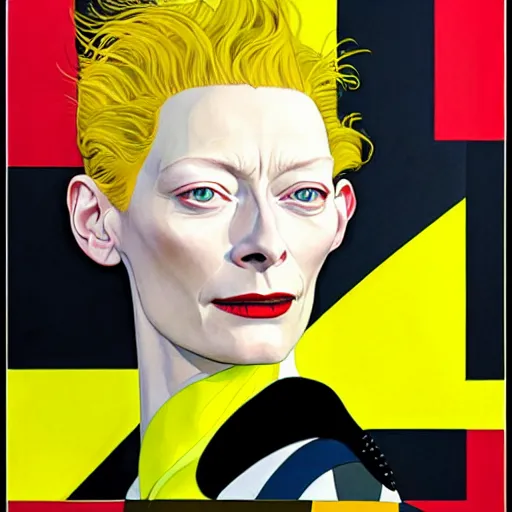 Image similar to art by joshua middleton, the actress tilda swinton, a medium shot portrait of the golden creeper, a tall manically smiling yellow - skinned woman with green and black striped cycling shorts and wearing a long red and black striped ostrich feather boa, yellow makeup, mucha, kandinsky, poster, art deco motifs, comic art, stylised design, scarlet feather boa