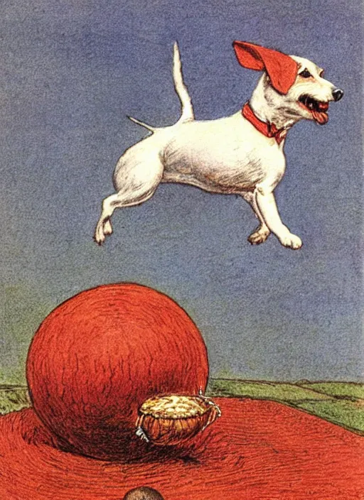 Image similar to jack russel terrier jumping from the ground over a red ball, illustrated by peggy fortnum and beatrix potter and sir john tenniel