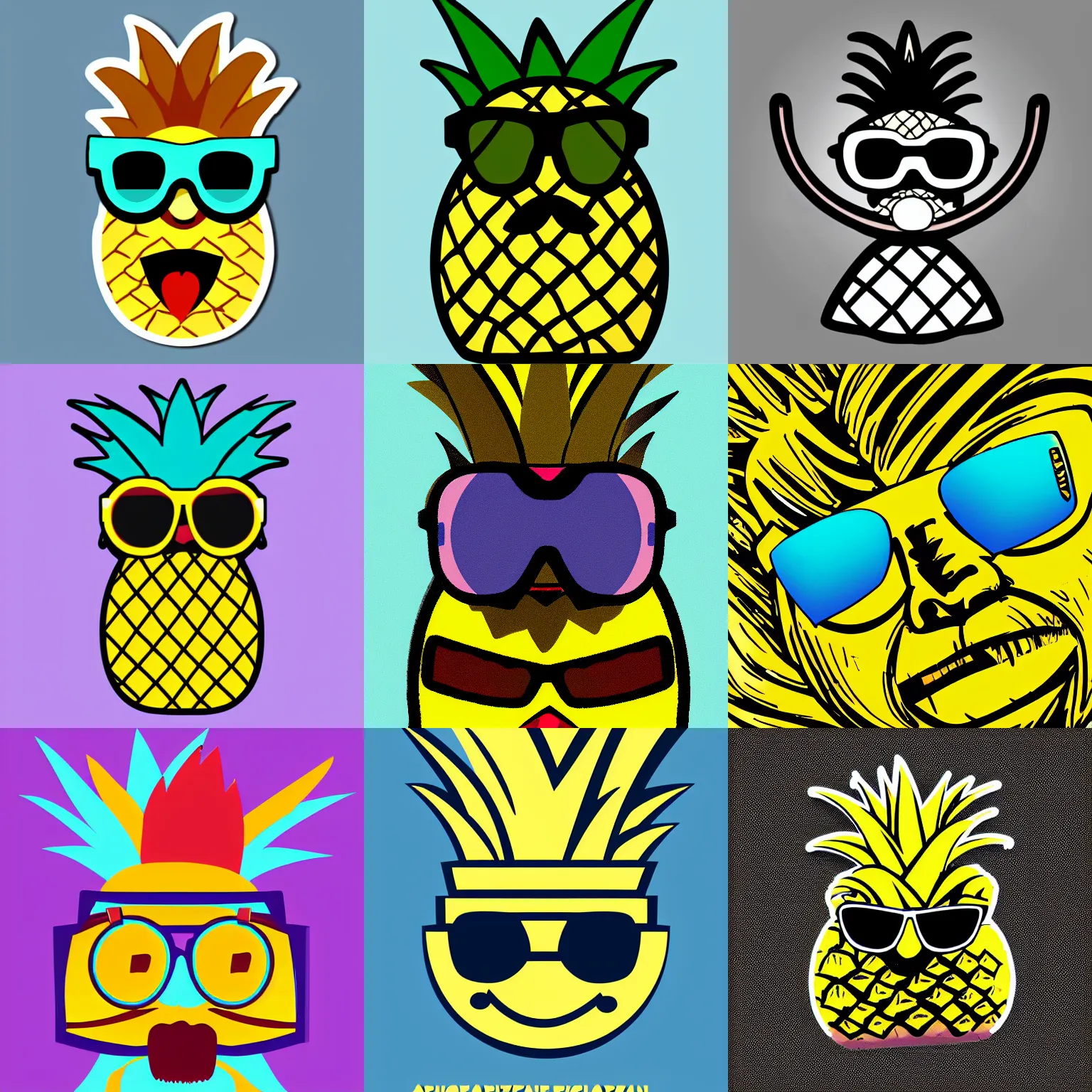 Prompt: pineapple character wearing sunglasses. adobe illustrator. svp sticker. dropshadow. aesthetic. heavy chromatic aberration. digital art.