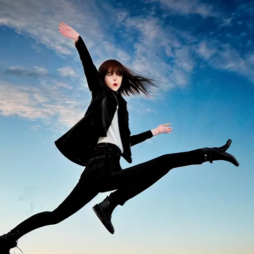 Prompt: 1 7 - year - old pale - skinned girl with black long bob cut, long bangs, black gothic jacket, black jeans, flying through sky, ultra - high jump, late evening, blue hour, cirrus clouds, pearly sky, ultra - realistic, sharp details, subsurface scattering, blue sunshine, intricate details, hd anime, 2 0 1 9 anime