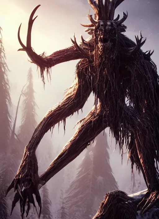 Prompt: wendigo ultra detailed fantasy, elden ring, realistic, dnd character portrait, full body, dnd, rpg, lotr game design fanart by concept art, behance hd, artstation, deviantart, destiny 2, global illumination radiating a glowing aura global illumination ray tracing hdr render in unreal engine 5