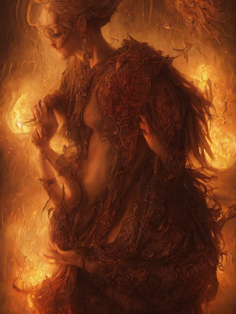 Prompt: breathtaking detailed soft painting of a elesh norn, cloak of fireflies and embers, rembrandt style, detailed art nouveau stained glass of flames background, christian saint rosace, elegant, highly detailed, artstation, concept art, matte, sharp focus, art by Tom Bagshaw, Artgerm and Greg Rutkowski