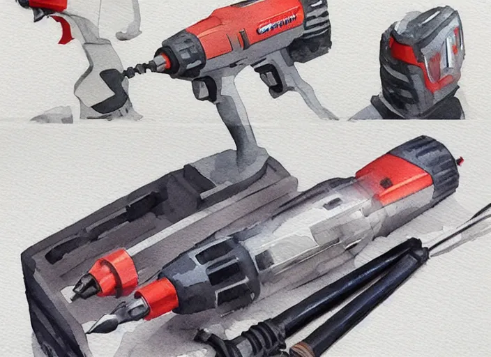 Image similar to concept art of a electril drill tool, pinterest, artstation trending, behance, watercolor, by coby whitmore, silver, laser light,