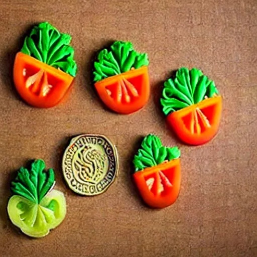 Prompt: edible coins made of vegetables, finely chopped vegetables in the shape of coins