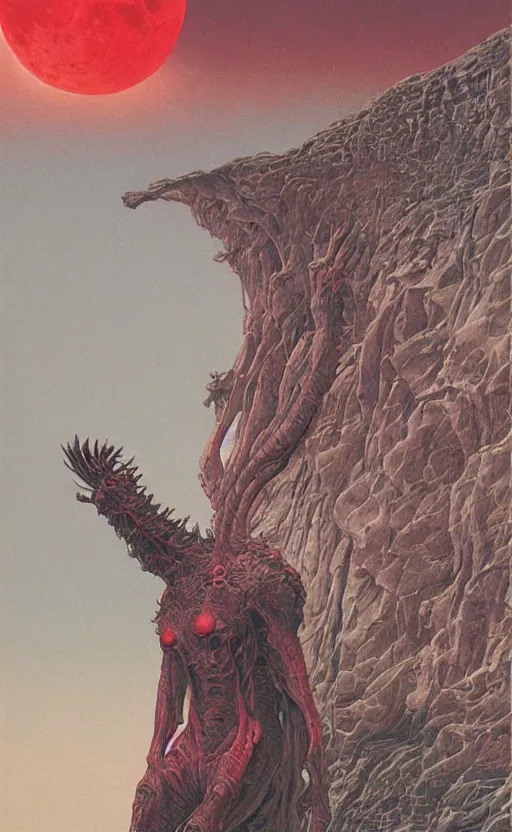 Image similar to meditation on the background of a huge crimson moon, by wayne barlowe