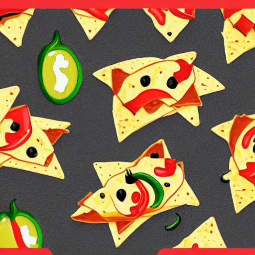 Image similar to cute adobe illustration nachos with cheese and jalapeno illustrations, white background, drawing, cartoon,