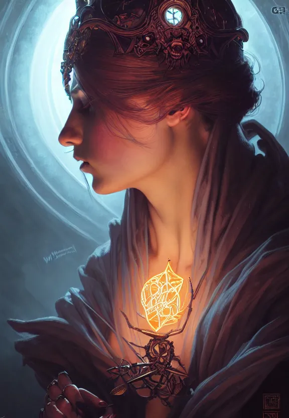 Image similar to Necromancer Sorceress in center, fantasy magic, undercut hairstyle, dark light night, intricate, elegant, sharp focus, illustration, highly detailed, digital painting, concept art, matte, art by WLOP and Artgerm and Greg Rutkowski and Alphonse Mucha, masterpiece