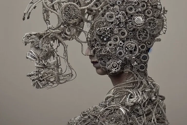 Image similar to stunning Rococopunk man_integrating_with_technology_full_face_insipiring_detailed_intricate_ornate_cables_connected_to_head_big_open_electric_eyes_ by Hironaka, Harumi