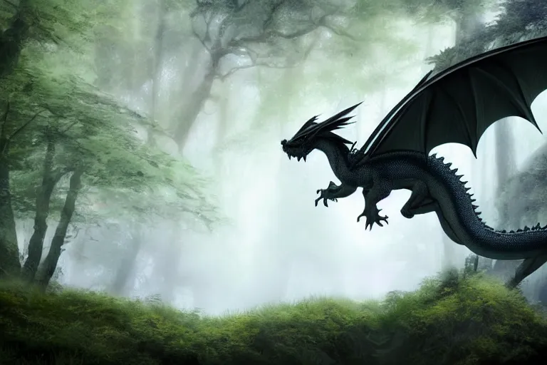 Image similar to peaceful dragon in a beautiful, misty forest, leaning over a steep hill, elongating its neck to sip water from the flowing, turbulent river, trending on artstation, intricately defined, complexly detailed, robustly ordinated, 4 k quality, digital art