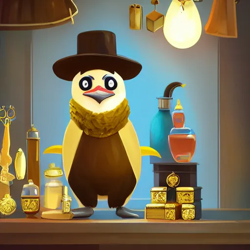 Prompt: Anthropomorphized penguin trader in his shop, selling his wares, portrait, items, gold, magic potions, carpet, window, fancy hat, sly expression , cunning expression, cute expression, long thick shiny gold beak, presenting wares, holding a gold bag, D&D, fantasy, cinematic lighting, highly detailed, digital painting, artstation, concept art, smooth, sharp focus, illustration, warm light, cozy warm tint, magic the gathering artwork, volumetric lighting, 8k, art by Akihiko Yoshida, Greg Rutkowski