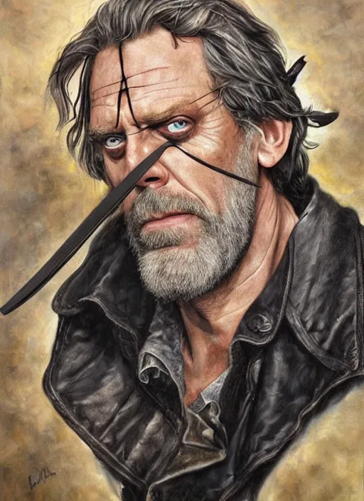 Image similar to hugh laurie as odin, wearing a eye-patch!, missing an eye, eyepatch, a raven on his shoulder, dark background, stormy clouds, hyperrealistic, very detailed painting by Glenn Fabry, by Joao Ruas, by Artgerm