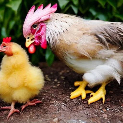 Prompt: a light downed baby chick is standing beside a rooster and a tiny birthday cake