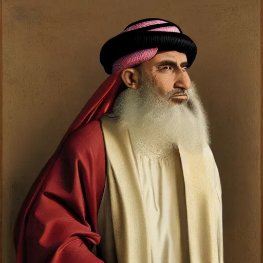 Image similar to renaissance oil portrait of a sheikh, wearing expensive clothes, by Arthur Adams, Diego Gisbert Llorens