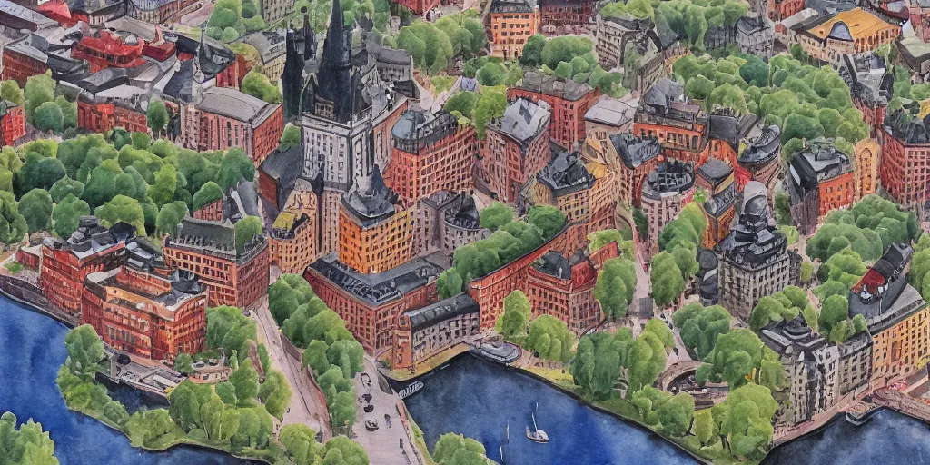 Image similar to isometric view of stockholm, watercolour realism