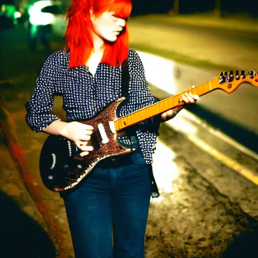 Image similar to high quality photo of a redhead punk girl playing electric guitar at dusk, Agfa Vista 800 film, Leica M9