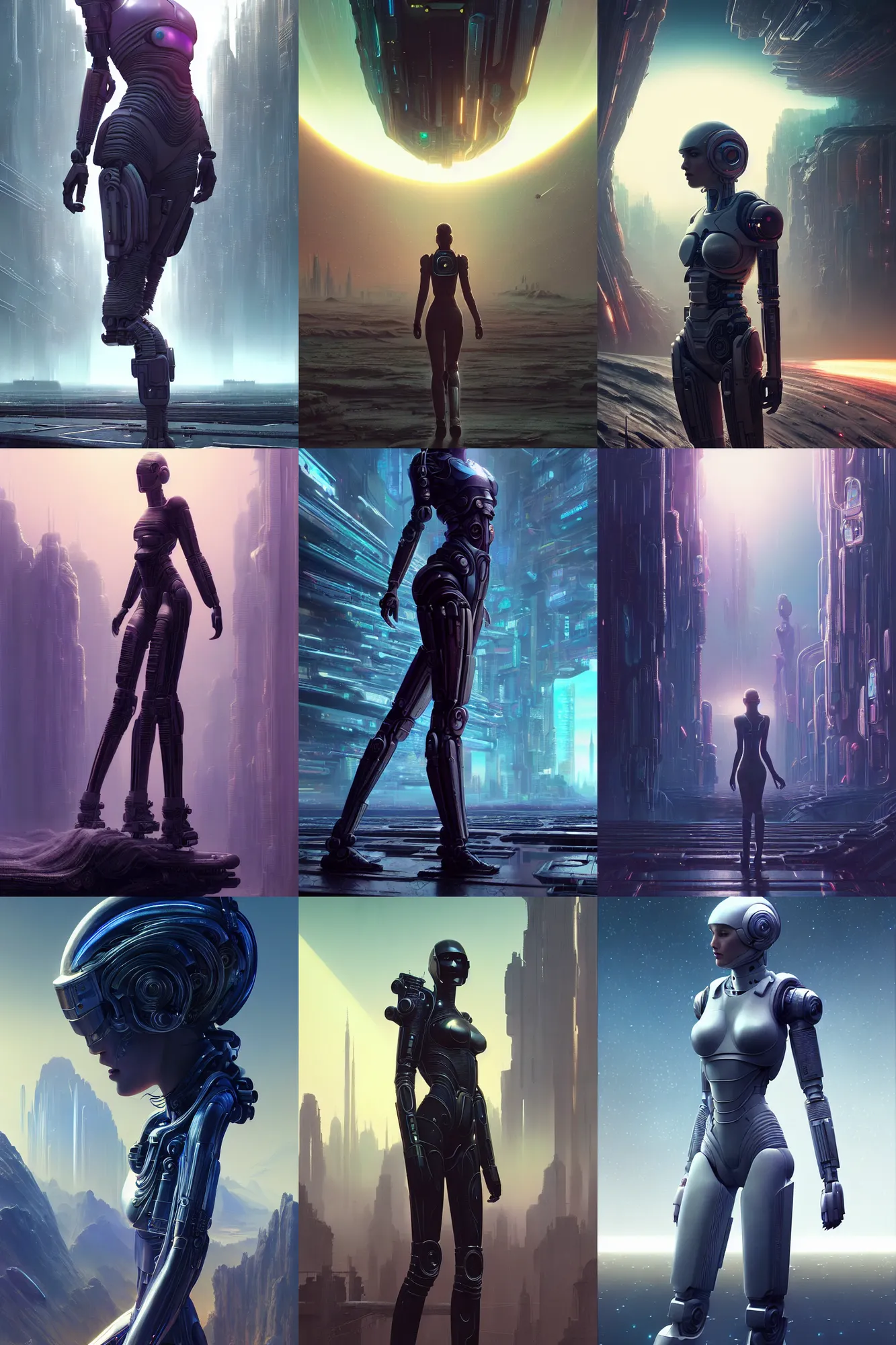 Prompt: wanderer, beautiful female android!, intricate detailed environment, photorealistic!, octane render, mechanical, concept art, cinematic lighting, digital art, interstellar, hyper realism, sharp, cyberpunk, bladerunner, 8 k. by angus mckie, moebius, maciej kuciara, stanley lau, artgerm, greg rutkowski