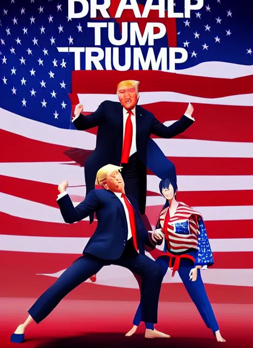 Prompt: donald trump!!!! martial artist!! movie poster, character concept art, sharp focus, octane render! unreal engine 5! highly rendered!! trending on artstation!! detailed linework!! illustration by artgerm, wlop, and chie yoshii