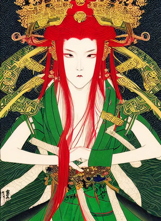 Prompt: a beautiful ukiyo - e portrait of a beautiful cyberpunk elven queen with long red hair, wearing green, red and gold ornate dress, golden intricate crown. detailed symmetrical close up portrait, intricate complexity, concept art, by takato yamamoto, wlop, krenz cushart. cinematic dramatic atmosphere, sharp focus