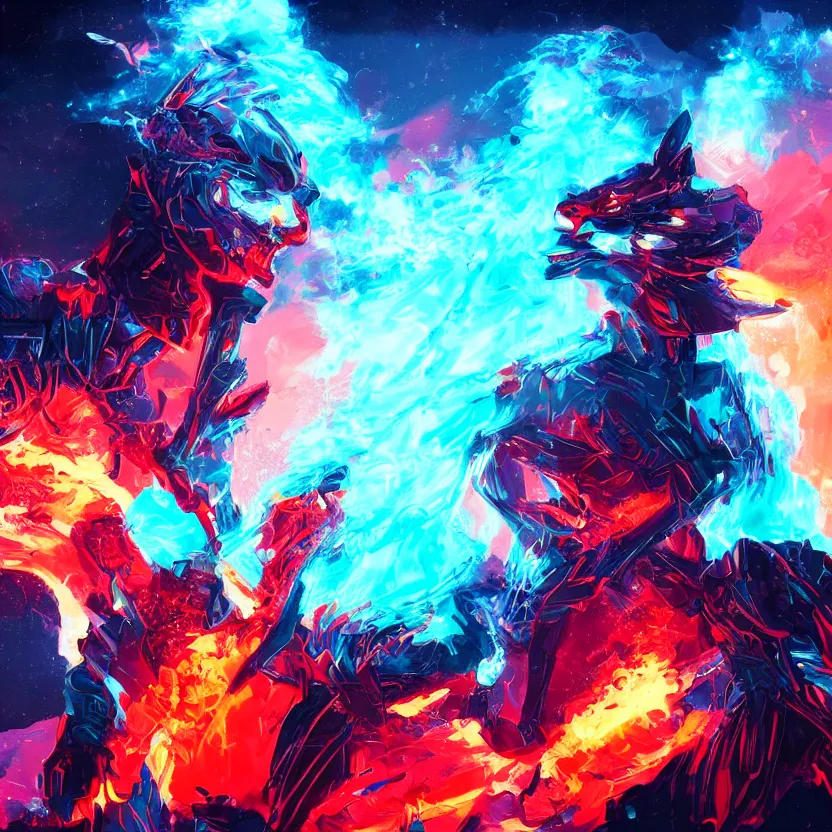 Prompt: explosions of ice and fire, retrowave epic art, trending on art station