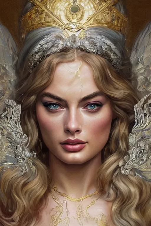 Image similar to ultra realistic illustration, a stunningly beautiful greek goddess of chaos played by margot robbie and taylor swift and megan fox, intricate, elegant, highly detailed, digital painting, artstation, concept art, smooth, sharp focus, illustration, art by artgerm and greg rutkowski and alphonse mucha