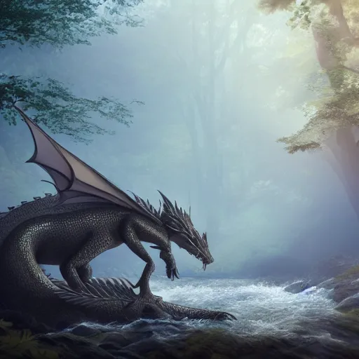 Image similar to peaceful dragon in a beautiful, misty forest, leaning over a steep hill, elongating its neck to sip water from the flowing, turbulent river, trending on artstation, intricately defined, complexly detailed, robustly ordinated, 4 k quality, digital art